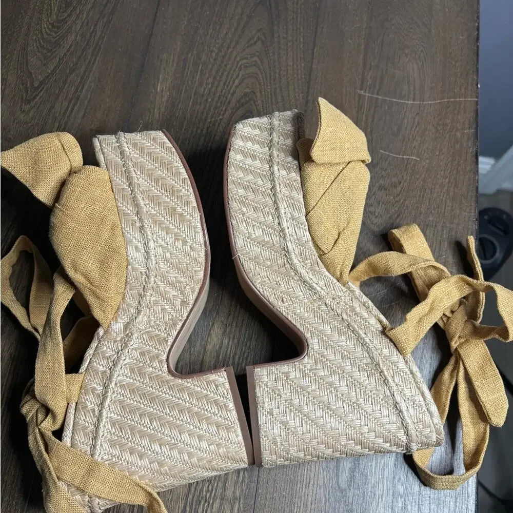 Sam Edelman Tula Tan Wedge Ankle Tie Espadrille Sandal Bow 5” Heel 9.5